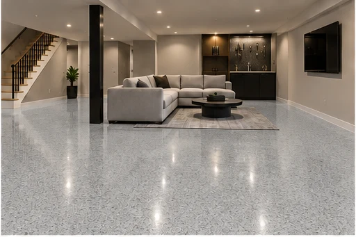 Illustrative basements with glossy CG-09 light gray, dark-speckled decorative flooring