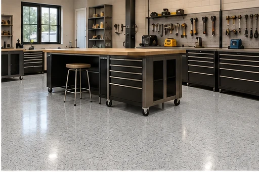 Illustrative workshops with glossy CG-09 light gray, dark-speckled decorative flooring