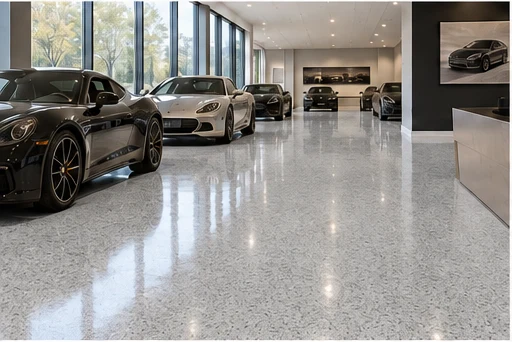 Illustrative showroom with decorative CG-09 light gray, dark-speckled flooring