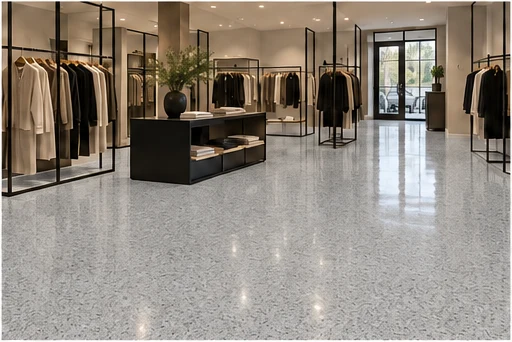 Illustrative retail spaces with glossy CG-09 light gray, dark-speckled decorative flooring