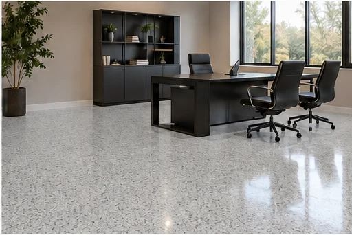 Illustrative offices with glossy CG-09 light gray, dark-speckled decorative flooring