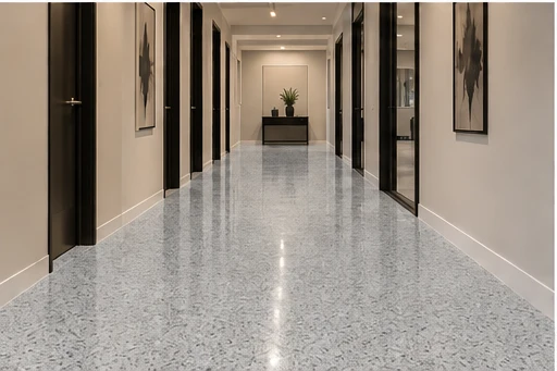 Illustrative corridors with glossy CG-09 light gray, dark-speckled decorative flooring
