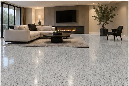 Illustrative modern indoor spaces with glossy CG-09 light gray, dark-speckled decorative flooring